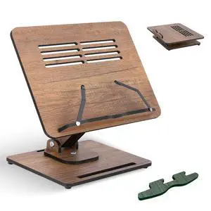 Book Stand for Reading 360° Adjustable, Wooden Laptop Stand, Cookbooks Holder, Music Scores, Featuring Multi-Height Angles and Foldable Design with Page Clips. Book Stand for Reading 360° Adjustable, Wooden Laptop Stand, Cookbooks Holder, Music Scores, Featuring Multi-Height Angles and Foldable Design with Page Clips.