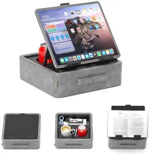 5 in 1 Tablet Pillow Holder, Foldable iPad Stand with Storage Tray, 2 Cup Holders and Pen Slot, Adjustable Reading Pillow for Lap, Bed, Desk and Couch Compatible with iPad Pro 12.9, Air, E-Reader 5 in 1 Tablet Pillow Holder, Foldable iPad Stand with Storage Tray, 2 Cup Holders and Pen Slot, Adjustable Reading Pillow for Lap, Bed, Desk and Couch Compatible with iPad Pro 12.9, Air, E-Reader
