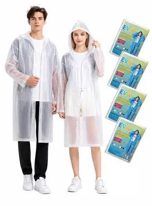 Rain Ponchos for Adults-4 Pack Reusable EVA Waterproof Rain Jackets, White Rain Ponchos for Adults-4 Pack Reusable EVA Waterproof Rain Jackets, White