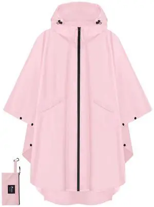 Hooded Rain Poncho for Adult with Pocket and Zipper, Waterproof Lightweight Raincoat for Men and Women (Pink) Hooded Rain Poncho for Adult with Pocket and Zipper, Waterproof Lightweight Raincoat for Men and Women (Pink)