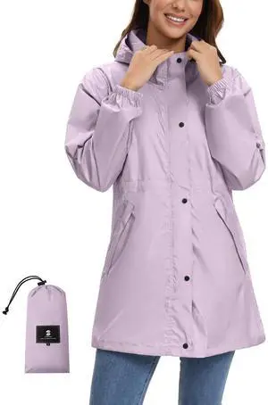 Women's Lightweight Long Rain Jacket Packable Raincoat Hooded Outdoor Trench Coats (Light Purple, L) Women's Lightweight Long Rain Jacket Packable Raincoat Hooded Outdoor Trench Coats (Light Purple, L)