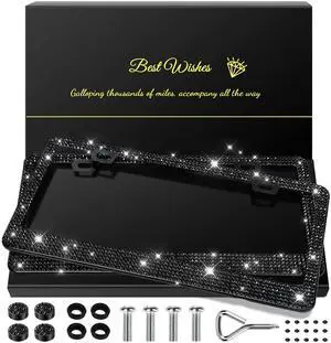 2 Pack Bling License Plate Frames for Women, Sparkly Rhinestone Diamond Car Accessories with Glitter Crystal Caps (Black) 2 Pack Bling License Plate Frames for Women, Sparkly Rhinestone Diamond Car Accessories with Glitter Crystal Caps (Black)