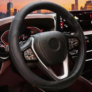 Car Leather Steering Wheel Cover, Universal 14.5"-15",Black Car Leather Steering Wheel Cover, Universal 14.5"-15",Black