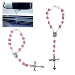 2PCS Car Rosary for Rearview Mirror, Pink Rose Rosary Pendant 2PCS Car Rosary for Rearview Mirror, Pink Rose Rosary Pendant