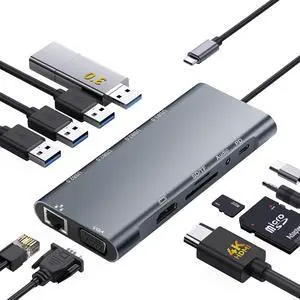 USB C Hub Multiport Adapter, 11 in 1 USB C Docking Station with 4K HDMI, 1080P VGA, 100W PD, USB 3.0, RJ45 Ethernet, TF/SD Card Reader, 3.5mm Audio, USBC Dongle for MacBook Pro/Air, Windows, Laptops USB C Hub Multiport Adapter, 11 in 1 USB C Docking Station with 4K HDMI, 1080P VGA, 100W PD, USB 3.0, RJ45 Ethernet, TF/SD Card Reader, 3.5mm Audio, USBC Dongle for MacBook Pro/Air, Windows, Laptops