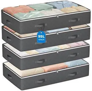 95L Under Bed Storage Containers, 4 Pack Closet Organizers Grey 95L Under Bed Storage Containers, 4 Pack Closet Organizers Grey
