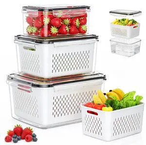 Fruit Storage Containers for Fridge, 3 Pack Plastic Food Storage Container Fruit Storage Containers for Fridge, 3 Pack Plastic Food Storage Container