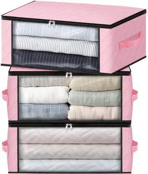 3-Pack Clothes Organizer Storage Bags, 35L Storage Bins, Pink 3-Pack Clothes Organizer Storage Bags, 35L Storage Bins, Pink