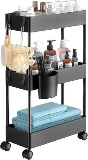 Slim Storage Cart with Wheels - 3 Tier Bathroom Organizers and Storage Cart - Rolling Carts for Bathroom, Kitchen, Narrow Space, Laundry Room,Black Slim Storage Cart with Wheels - 3 Tier Bathroom Organizers and Storage Cart - Rolling Carts for Bathroom, Kitchen, Narrow Space, Laundry Room,Black