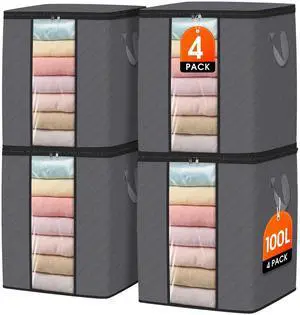 4 Pack 100L Clothes Storage, Foldable Storage Bags, Grey 4 Pack 100L Clothes Storage, Foldable Storage Bags, Grey