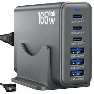 165W Charging Station, 6 Port Desktop Charger, 3 Ports 40W Grey 165W Charging Station, 6 Port Desktop Charger, 3 Ports 40W Grey