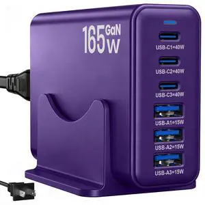165W Charging Station, 6 Port Desktop Charger, 3 Ports 40W Purple 165W Charging Station, 6 Port Desktop Charger, 3 Ports 40W Purple