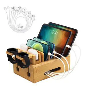 Bamboo Charging Station for Multiple Devices, Desktop Organizer Docking Station, Natural Bamboo Desk Storage Stand for Phone, Tablet, Earbuds, Smart Watch (Power Adapter Not Included) Bamboo Charging Station for Multiple Devices, Desktop Organizer Docking Station, Natural Bamboo Desk Storage Stand for Phone, Tablet, Earbuds, Smart Watch (Power Adapter Not Included)