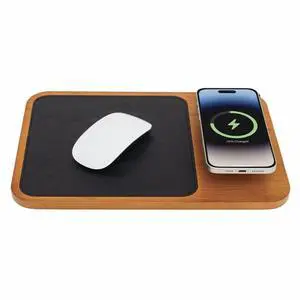 Mousepad with Wireless Charger - 3-in-1 Wooden Wireless Charging Station & Phone Holder, Premium Vegan Leather Desk Charger Mat for iPhone, Android Mousepad with Wireless Charger - 3-in-1 Wooden Wireless Charging Station & Phone Holder, Premium Vegan Leather Desk Charger Mat for iPhone, Android