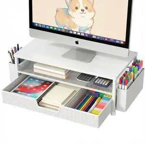 Desk Organizer and Accessories, 2-Tier Computer Monitor Stand Rise with Storage Drawer & 2 Pen Holders, Laptop & Printer Stand for Desktop, Workspace Organizers for Office Supplies (White) Desk Organizer and Accessories, 2-Tier Computer Monitor Stand Rise with Storage Drawer & 2 Pen Holders, Laptop & Printer Stand for Desktop, Workspace Organizers for Office Supplies (White)