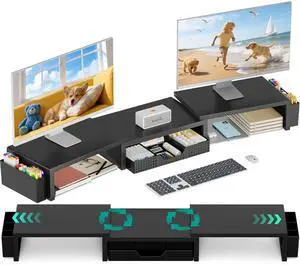 Desk Organizer and Accessories, Dual Computer Monitor Stand Riser with Drawer and 2 Pen Holders, Laptop Stand, Office Desk Accessories for Office Supplies, Black Desk Organizer and Accessories, Dual Computer Monitor Stand Riser with Drawer and 2 Pen Holders, Laptop Stand, Office Desk Accessories for Office Supplies, Black