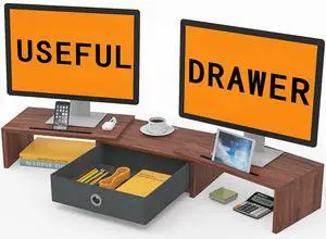 Dual Monitor Stand Riser with Drawer - Adjustable Length and Angle, 2 Phone Hold, Desktop Organizer for Computer/Laptop/PC/Printer Dual Monitor Stand Riser with Drawer - Adjustable Length and Angle, 2 Phone Hold, Desktop Organizer for Computer/Laptop/PC/Printer