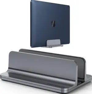 Aluminum Vertical Laptop Stand for Desk - Adjustable Width Dock for MacBook, Surface, Samsung, HP, Dell up to 17.3 inches - Space-Saving & Protective Design - Gray Aluminum Vertical Laptop Stand for Desk - Adjustable Width Dock for MacBook, Surface, Samsung, HP, Dell up to 17.3 inches - Space-Saving & Protective Design - Gray