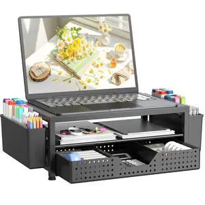 Desk Organizer and Accessories, 2-Tier Computer Monitor Stand Riser with Drawer and 2 Pen Holders, Laptop Stand, Office Desk Accessories for Office Supplies, 1 Pack, Black-Ventilated Desk Organizer and Accessories, 2-Tier Computer Monitor Stand Riser with Drawer and 2 Pen Holders, Laptop Stand, Office Desk Accessories for Office Supplies, 1 Pack, Black-Ventilated