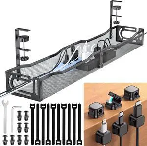 Cable Management Under Desk, 25.3'' No Drill Desk Cable Management Tray with Clamp, Metal Cord Organizer for Standing Desk, Computer Wire Management for Home Office & Gaming Setup, Black Cable Management Under Desk, 25.3'' No Drill Desk Cable Management Tray with Clamp, Metal Cord Organizer for Standing Desk, Computer Wire Management for Home Office & Gaming Setup, Black