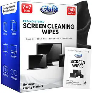Glata Screen Wipes (150 Pack) - 7"x7" Large Electronic Wipes, Computer Screen Cleaner for Electronics, Laptop, Phone, Tablet, Monitor & Car - Individually Wrapped Lens Wipes - Microfiber Included Glata Screen Wipes (150 Pack) - 7"x7" Large Electronic Wipes, Computer Screen Cleaner for Electronics, Laptop, Phone, Tablet, Monitor & Car - Individually Wrapped Lens Wipes - Microfiber Included