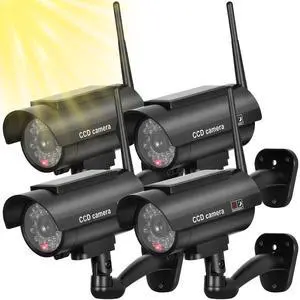 Solar Powered Fake Security Camera, Bullet Dummy Security Camera Simulated Surveillance System with Realistic Red Flashing Light Sensor and Warning Sticker for Indoor/Outdoor(4Pack, Black) Solar Powered Fake Security Camera, Bullet Dummy Security Camera Simulated Surveillance System with Realistic Red Flashing Light Sensor and Warning Sticker for Indoor/Outdoor(4Pack, Black)