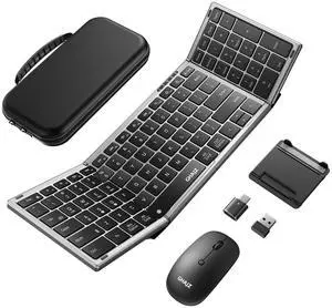 Portable Foldable Keyboard and Mouse Combo, Bluetooth×2+USB A+USB C(4 in 1) Connection, Keyboard Lock, Full Size Folding Wireless Rechargeable Silent Design for Travel/Home/Office-Black Gray Portable Foldable Keyboard and Mouse Combo, Bluetooth×2+USB A+USB C(4 in 1) Connection, Keyboard Lock, Full Size Folding Wireless Rechargeable Silent Design for Travel/Home/Office-Black Gray