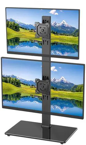Freestanding Vertical Dual Monitor Stand for 13-32" Screens, Space Saving Stack Mount with 8 Height Options, Full Motion Adjustment, Heavy Duty Base, Supports Total 88lbs, VESA 75x75mm/100x100mm Freestanding Vertical Dual Monitor Stand for 13-32" Screens, Space Saving Stack Mount with 8 Height Options, Full Motion Adjustment, Heavy Duty Base, Supports Total 88lbs, VESA 75x75mm/100x100mm