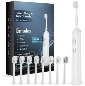 Sonic Electric Toothbrush, 5 Modes & 3 Intensities for Sensitive Teeth & Braces for Adults & Kids, 180 Days Runtime, 42000 VPM Powered Toothbrush, 8 Brush Heads, White Sonic Electric Toothbrush, 5 Modes & 3 Intensities for Sensitive Teeth & Braces for Adults & Kids, 180 Days Runtime, 42000 VPM Powered Toothbrush, 8 Brush Heads, White