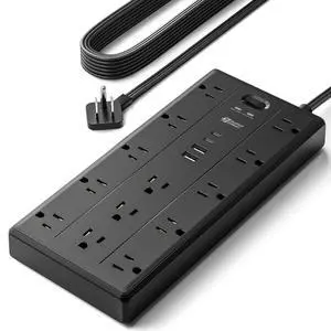 10Ft Extension Cord with Multiple Outlets, Flat Plug Power Strip with 2100J Surge Protector, 13 Outlets, 2 USB A, 2 USB C, Desk USB Charging Station, Home Office, College Dorm Room Essentials, Black 10Ft Extension Cord with Multiple Outlets, Flat Plug Power Strip with 2100J Surge Protector, 13 Outlets, 2 USB A, 2 USB C, Desk USB Charging Station, Home Office, College Dorm Room Essentials, Black