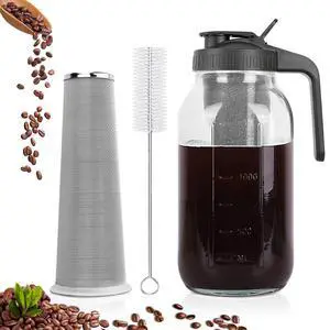 Cold Brew Coffee Maker,64 oz Mason Jar Pitcher with Stainless Steel Filter, Pour Spout Handle Lid, Heavy Duty Glass Airtight & Leak-Proof for Iced Coffee,Tea & Lemonade Cold Brew Coffee Maker,64 oz Mason Jar Pitcher with Stainless Steel Filter, Pour Spout Handle Lid, Heavy Duty Glass Airtight & Leak-Proof for Iced Coffee,Tea & Lemonade