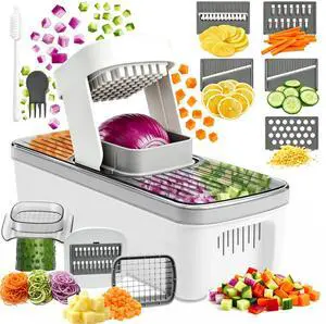 7-in-1 Vegetable Chopper Mandoline Slicer Dicer with Container, Easy Tap Chop Food Cutter, 7 Interchangeable Blades for Onion Potato Cucumber, Kitchen Essentials Gift 7-in-1 Vegetable Chopper Mandoline Slicer Dicer with Container, Easy Tap Chop Food Cutter, 7 Interchangeable Blades for Onion Potato Cucumber, Kitchen Essentials Gift
