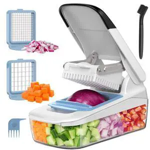 Vegetable Chopper with Container, 2 in 1 Manual Hand Food Chopper with 2 Stainless Steel Chopping Blades for Potato Strips, Onion Cubers, Carrot Sticks, White & Black Vegetable Chopper with Container, 2 in 1 Manual Hand Food Chopper with 2 Stainless Steel Chopping Blades for Potato Strips, Onion Cubers, Carrot Sticks, White & Black