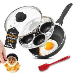 2 IN 1 Egg Pan & Egg Poacher Pan, Granite Nonstick Fry Pan Poached Egg Maker and Frying Skillet with Lid, Poached Eggs Cooker Food Grade Safe PFOA Free with Spatula, Egg Cookware - 4 Cups 2 IN 1 Egg Pan & Egg Poacher Pan, Granite Nonstick Fry Pan Poached Egg Maker and Frying Skillet with Lid, Poached Eggs Cooker Food Grade Safe PFOA Free with Spatula, Egg Cookware - 4 Cups