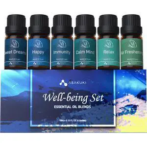 Essential Oils, Well-Being Essential Oil Set- Calm Mind, Sweet Dreams, Happy, Relax, Air Freshening, Immunity for Diffuser, Waterless Diffuser, Aromatherapy and Humidifiers, 6x10ml Essential Oils, Well-Being Essential Oil Set- Calm Mind, Sweet Dreams, Happy, Relax, Air Freshening, Immunity for Diffuser, Waterless Diffuser, Aromatherapy and Humidifiers, 6x10ml