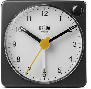 Classic Travel Analogue Alarm Clock with Snooze and Light, Compact Size, Quiet Quartz Movement, Crescendo Beep Alarm in Black and White, Model BC02XBW. Classic Travel Analogue Alarm Clock with Snooze and Light, Compact Size, Quiet Quartz Movement, Crescendo Beep Alarm in Black and White, Model BC02XBW.