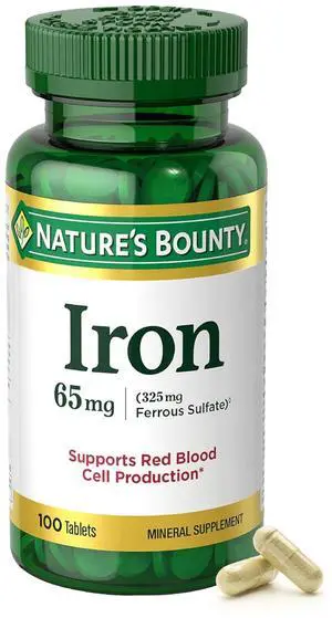 Iron 65mg, 325 mg Ferrous Sulfate, Cellular Energy Support, Promotes Normal Red Blood Cell Production, 1 Serving Per Day, Gluten Free, 100 Vegetarian Tablets Iron 65mg, 325 mg Ferrous Sulfate, Cellular Energy Support, Promotes Normal Red Blood Cell Production, 1 Serving Per Day, Gluten Free, 100 Vegetarian Tablets