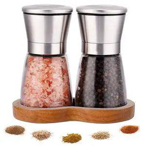 Salt and Pepper Grinder Set with Wooden Standing Tray, Refillable Pepper Mill Set - Brushed Stainless Steel - Short Glass Shakers with Adjustable Coarseness for Peppercorn, Salt or Spice Mills Salt and Pepper Grinder Set with Wooden Standing Tray, Refillable Pepper Mill Set - Brushed Stainless Steel - Short Glass Shakers with Adjustable Coarseness for Peppercorn, Salt or Spice Mills