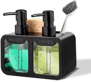 Kitchen Soap Dispenser Set, with Hand and Dish Soap, Sponge Caddy and Brush Holder 4-in-1 Kitchen Dual Soap Dispenser Set for Kitchen Sink, Bathroom - Black Kitchen Soap Dispenser Set, with Hand and Dish Soap, Sponge Caddy and Brush Holder 4-in-1 Kitchen Dual Soap Dispenser Set for Kitchen Sink, Bathroom - Black