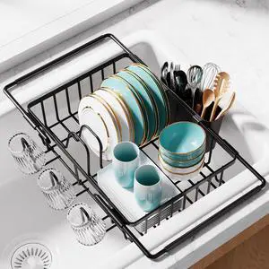 Dish Drying Rack in Sink - Expandable Stainless Steel Dish Rack Over the Sink, Kitchen Sink Drain Strainer with Cutlery Holder & Cup Holders, 15.4 x 9.8 x 3.0 Inch, Black Dish Drying Rack in Sink - Expandable Stainless Steel Dish Rack Over the Sink, Kitchen Sink Drain Strainer with Cutlery Holder & Cup Holders, 15.4 x 9.8 x 3.0 Inch, Black