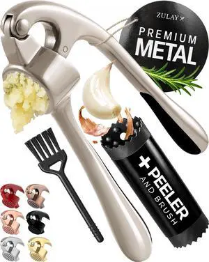 Premium Garlic Press Set - Rust Proof Professional Garlic Mincer Tool - Easy-Squeeze, Easy-Clean with Soft, Ergonomic Handle - Silicone Garlic Peeler & Brush (Silver) Premium Garlic Press Set - Rust Proof Professional Garlic Mincer Tool - Easy-Squeeze, Easy-Clean with Soft, Ergonomic Handle - Silicone Garlic Peeler & Brush (Silver)