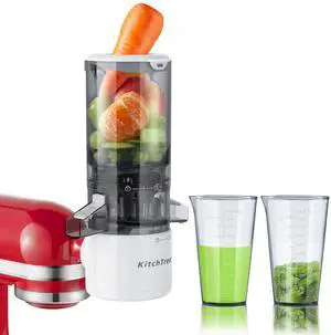 Masticating Juicer Attachment for KitchenAid Stand Mixer, 4.2" Large Feed Chute Fit Whole Vegetables & Fruits, Slow Cold Press Juicing, Includes 2 * 28oz capacity cups Masticating Juicer Attachment for KitchenAid Stand Mixer, 4.2" Large Feed Chute Fit Whole Vegetables & Fruits, Slow Cold Press Juicing, Includes 2 * 28oz capacity cups