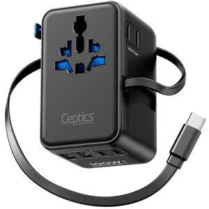 GAN 100W Universal Travel Adapter with Retractable USB-C Cable, 2X USB-A & C, Universal Input and 1x USA/JP Input, 7 in 1 Universal Adapter for Worldwide Travel - Type A, C, G, I Output GAN 100W Universal Travel Adapter with Retractable USB-C Cable, 2X USB-A & C, Universal Input and 1x USA/JP Input, 7 in 1 Universal Adapter for Worldwide Travel - Type A, C, G, I Output