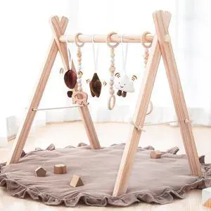 Wooden Baby Play Gym Play Mat Foldable with 6 Hanging Toys for Shower Gift Wooden Baby Play Gym Play Mat Foldable with 6 Hanging Toys for Shower Gift