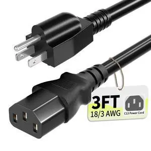 Universal 3ft(0.93m) Power Cord, 3-Prong Pure Copper ETL, Black Universal 3ft(0.93m) Power Cord, 3-Prong Pure Copper ETL, Black