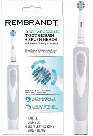 Rechargeable Toothbrush + Brush Heads, 1 Handle, 1 Charger, 4 EasyFlex Flossing Brush Heads Rechargeable Toothbrush + Brush Heads, 1 Handle, 1 Charger, 4 EasyFlex Flossing Brush Heads