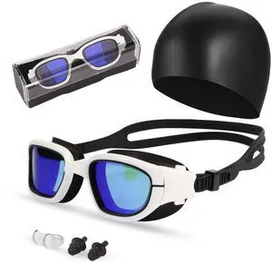 Swim Goggles, Goggles Adult with Swim Cap, Nose Clip & Ear Plugs, UV Protection Anti-Fog Lens and Case, for Adult (Blue&White) Swim Goggles, Goggles Adult with Swim Cap, Nose Clip & Ear Plugs, UV Protection Anti-Fog Lens and Case, for Adult (Blue&White)