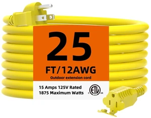 12 Gauge 25 FT Heavy Duty Outdoor Extension Cord, Waterproof Power Cable, Resistant Flexible 3 Prong Grounded Electric Cord, 15A 125V 1875W, Yellow, ETL Listed 12 Gauge 25 FT Heavy Duty Outdoor Extension Cord, Waterproof Power Cable, Resistant Flexible 3 Prong Grounded Electric Cord, 15A 125V 1875W, Yellow, ETL Listed