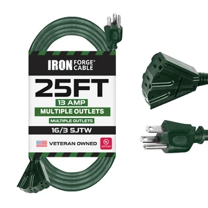 25 Foot Outdoor Extension Cord with 3 Electrical Power Outlets - 16/3 SJTW Durable Green Extension Cable with 3 Prong Grounded Plug for Safety 25 Foot Outdoor Extension Cord with 3 Electrical Power Outlets - 16/3 SJTW Durable Green Extension Cable with 3 Prong Grounded Plug for Safety