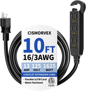 10Ft 3 Prong Multiple Outlets Outdoor Extension Cord, Black | Waterproof Grounded 3 outlet Extension Cord, 16/3 AWG Power Strip for Garden Patio Camping, 13A 125V 1625W, ETL Listed 10Ft 3 Prong Multiple Outlets Outdoor Extension Cord, Black | Waterproof Grounded 3 outlet Extension Cord, 16/3 AWG Power Strip for Garden Patio Camping, 13A 125V 1625W, ETL Listed